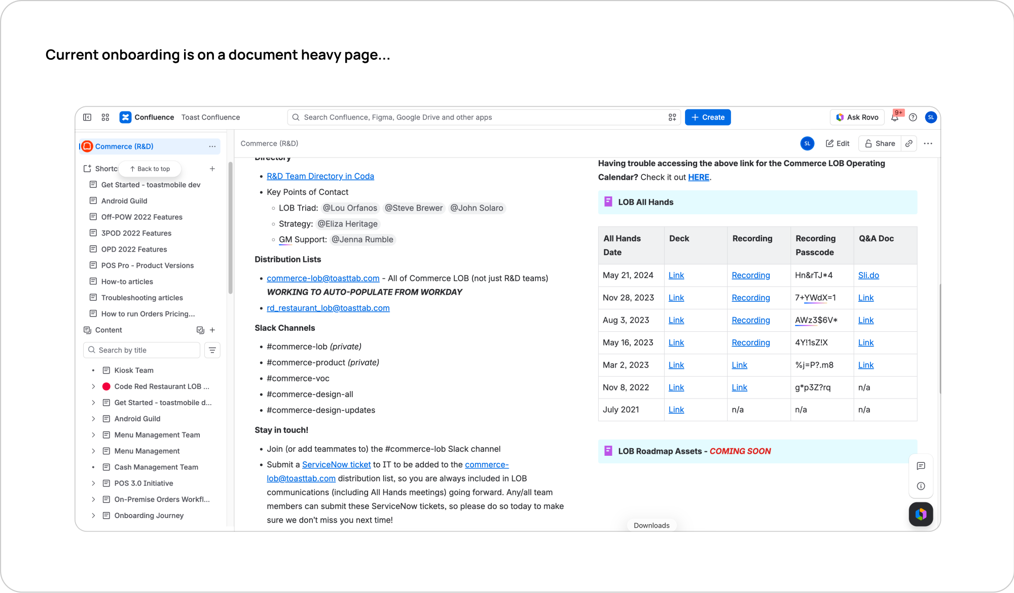 Current onboarding information spread across a document-heavy Confluence page