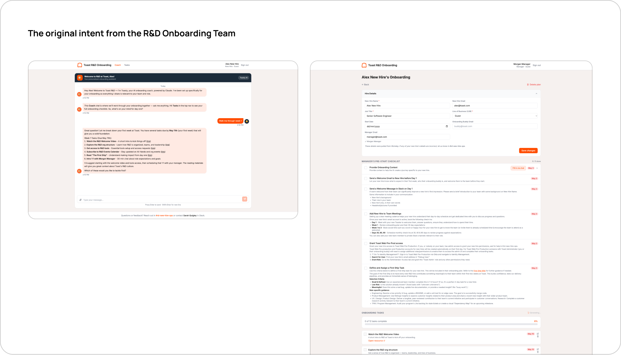 Original Claude-generated New Hire and Manager product structure from the R&D Onboarding team