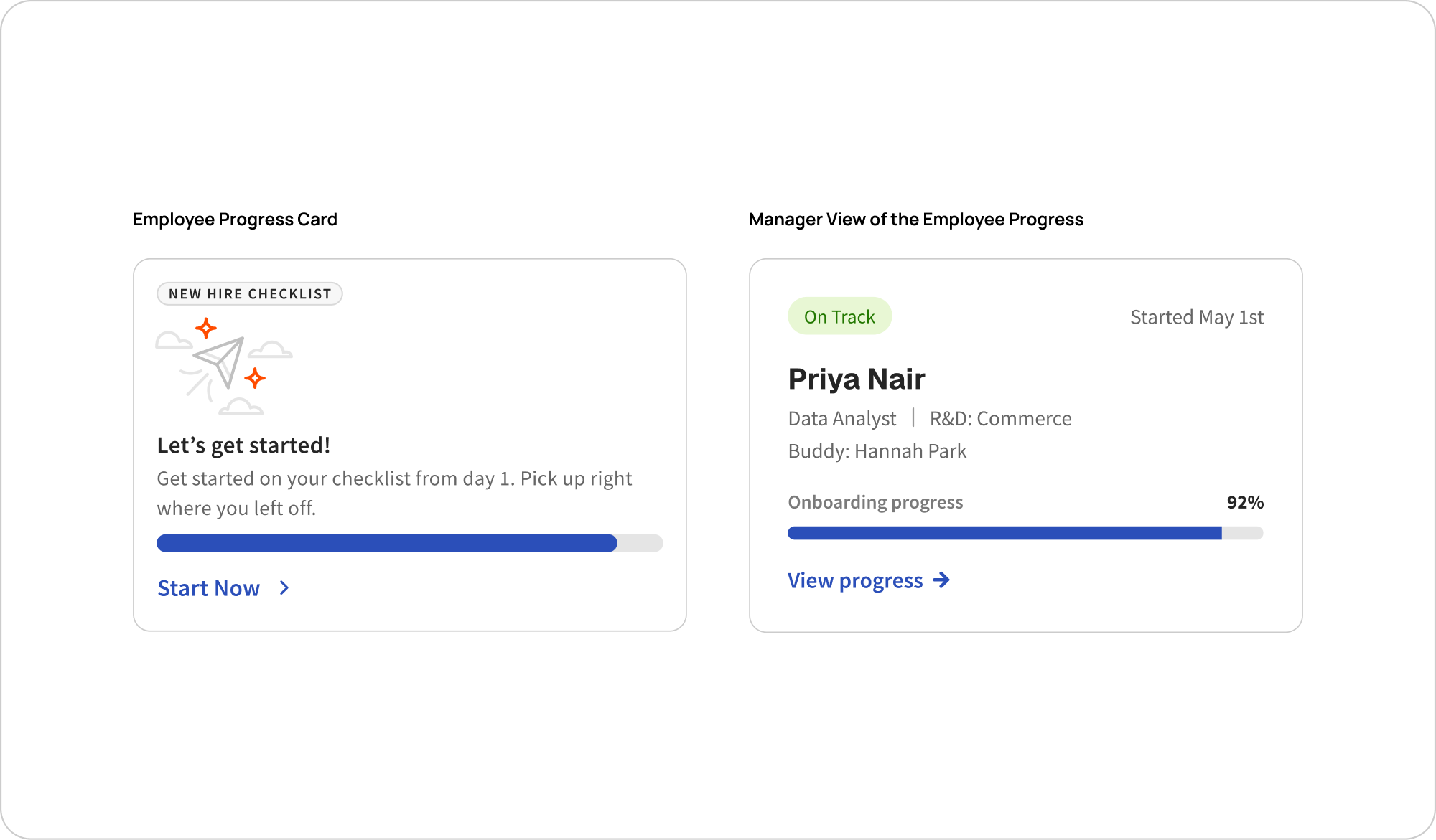 Connected New Hire progress card and Manager employee progress experience