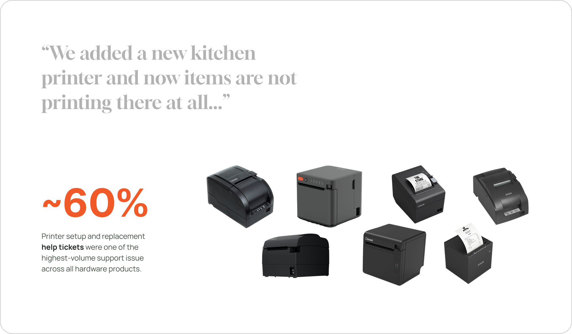 Printer setup and replacement support volume across the Toast hardware ecosystem
