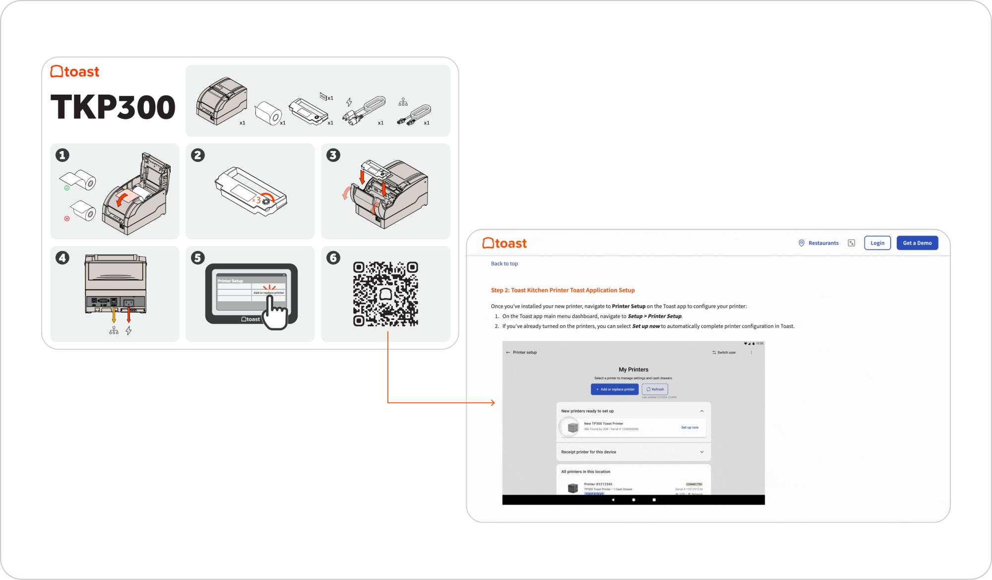 Visual printer installation guide connected to the Toast Help Center and POS setup